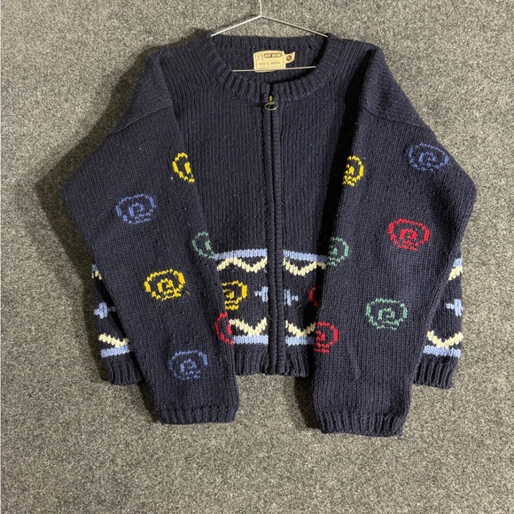Rey Wear Sweaters - Vintage Rev Wear Wool Zip Sweater M/L Bolivia Navy Multicolor Knit Smiley Faces